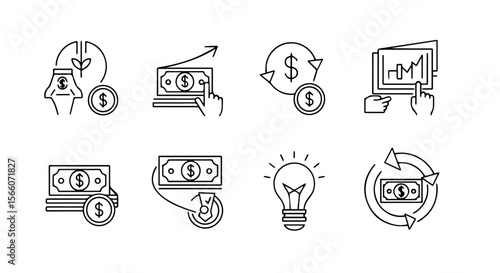 Business and finance icons represent money growth, investment, analytics, and innovative idea generation, silhouette