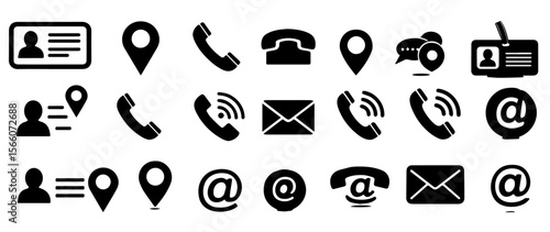 Communication icons represent contact details with phone, mail, and location information in a simple vector style, silhouette