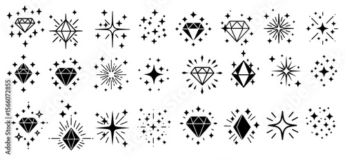 Sparkling vector design features an assortment of diamond and star icons in minimalist black and white for elegant designs, silhouette