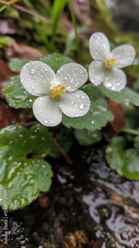 Fresh green plant with dew drops in mountain mist macro view