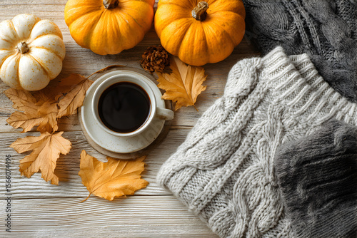 Rustic autumn coffee with pumpkins