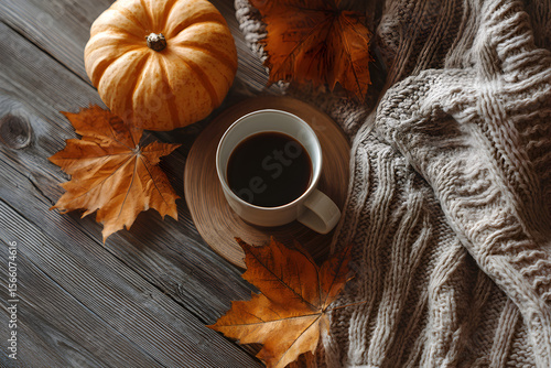 Fall coffee and pumpkin on blanket