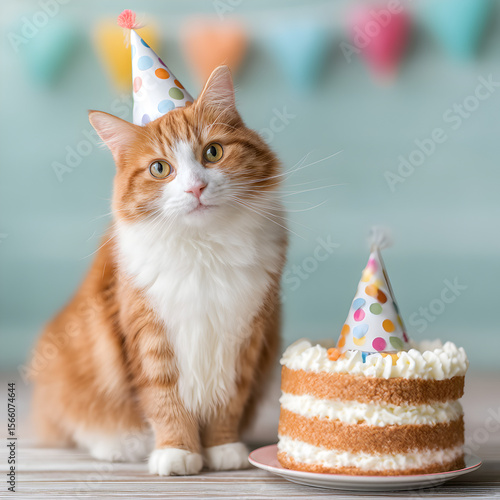 Cat birthday with cake and hat