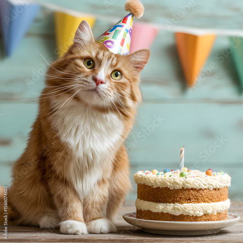 Orange cat birthday with cake