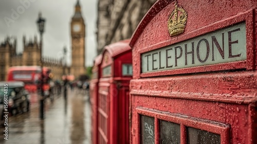 London telephone booths on a rainy day
