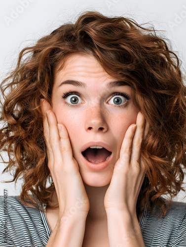 Surprised young woman with curly hair