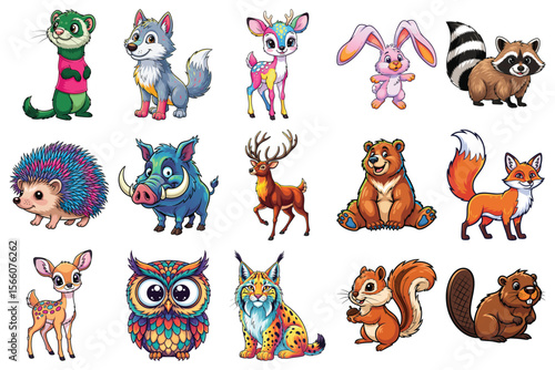 Cute cartoon animals vector collection colorful illustration. Forest animals wildlife vector clipart.