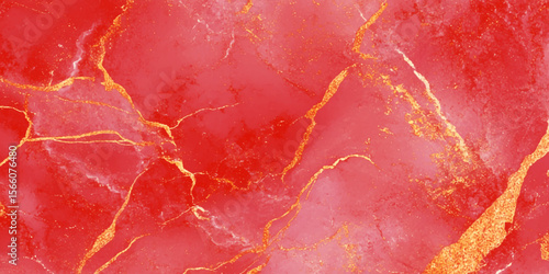 Delicate golden veins weave through the composition, adding a striking contrast and a sense of luxurious texture, Red and gold surface in background.