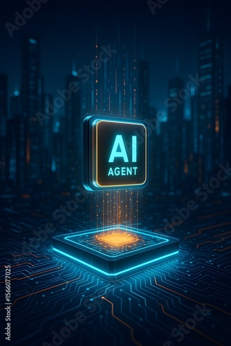 Futuristic AI Agent Chip in Neon-Lit Smart City