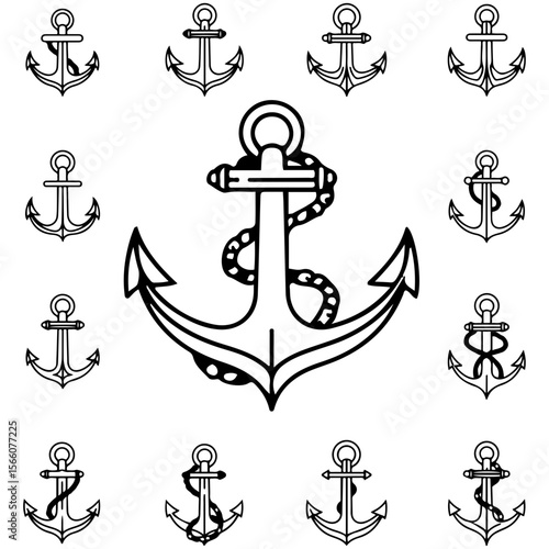 A beautiful and cohesive set of anchor icons, with options for both filled black designs and minimalist line art