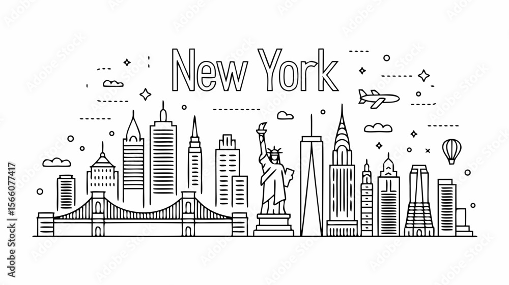 Fototapeta premium Brooklyn Bridge vector illustration with NYC skyline landmarks; ideal for travel ads, postcards, souvenirs, and citythemed designs.