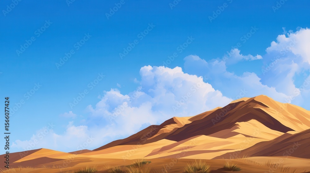 Naklejka premium Serene desert landscape with golden dunes and distant mountains under a bright blue sky