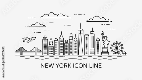Brooklyn Bridge vector line art with NYC skyline & famous landmarks for travel brochures, posters, websites, and citythemed designs.