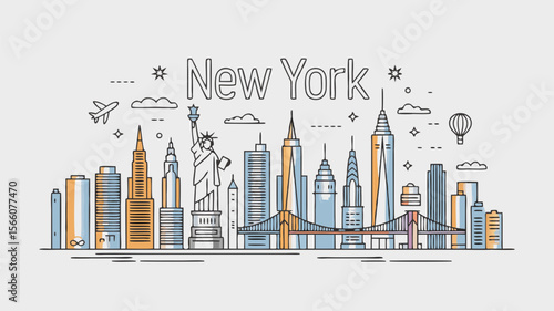 Brooklyn Bridge vector illustration with NYC skyline landmarks; ideal for travel ads, postcards, souvenirs, and citythemed designs.
