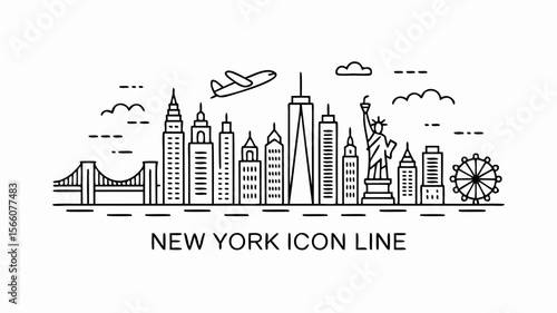 Brooklyn Bridge vector line art with NYC skyline & famous landmarks for travel brochures, posters, websites, and citythemed designs.