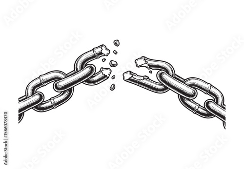 Broken Chain Links Vector Engraving Illustration
