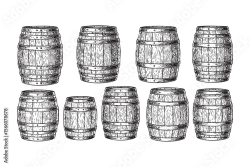 Wooden Barrels Vector Engraving Set