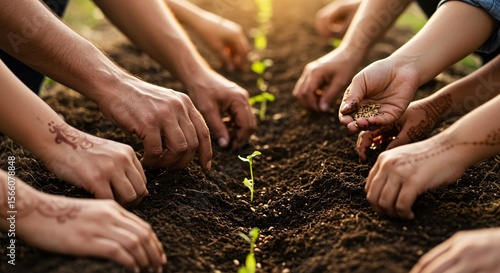 Close-up shot of multiple hands digging soil and planting new seeds, emphasizing tactile connection with nature.