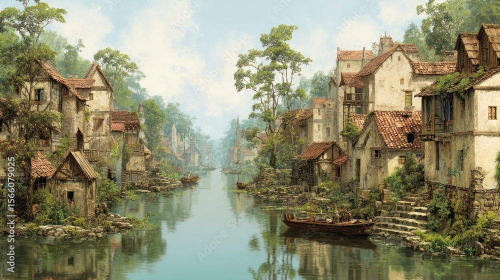 Fototapeta premium Charming village by river waterway