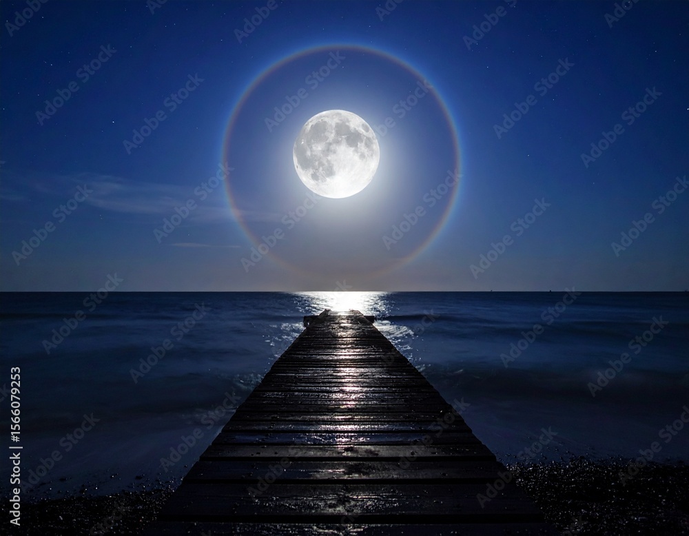 Obraz premium 桟橋に伸びる月光と銀色の満月とムーンハロ