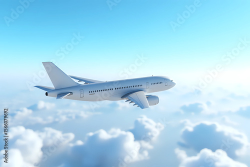 Airplane in the flight, travel background with airplane flying in the blue sky over the clouds. Flying airplane with blank livery. 3d rendering.