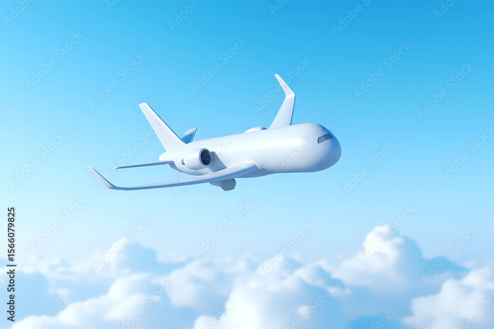 Obraz premium Airplane in the flight, travel background with airplane flying in the blue sky over the clouds. Flying airplane with blank livery. 3d rendering.
