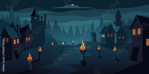Dark Medieval Village With Torches Lighting Cobblestone Streets