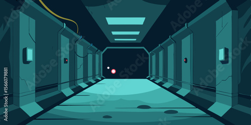 Dim Corridor In Derelict Spaceship With Sparking Wires