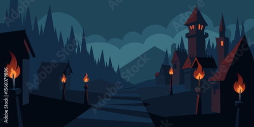 Dark Medieval Village With Torches Casting Eerie Shadows