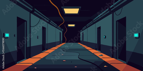 Dim Corridor In Derelict Spaceship With Broken Panels