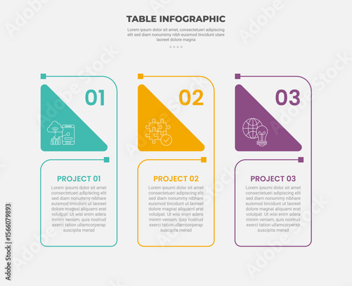pricing table box infographic outline style with 3 point template with triangle badge label header for slide presentation