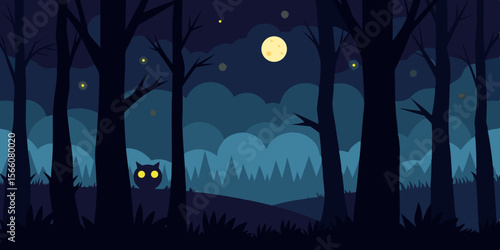 Moonlit Forest With Creatures Eyes Glowing From Shadows