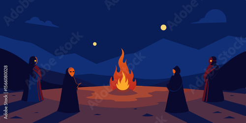 Nighttime Desert Scene With Ritual Fire Burning