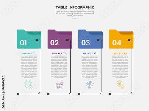 pricing table box infographic outline style with 4 point template with folder box label with open line container separator for slide presentation