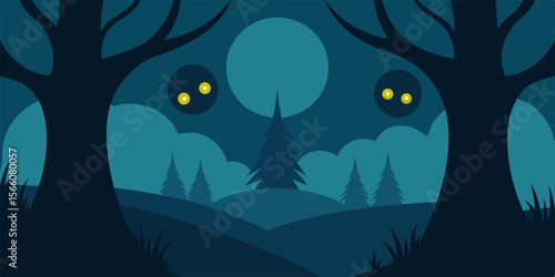 Moonlit Forest With Creatures Eyes Glowing From Shadows