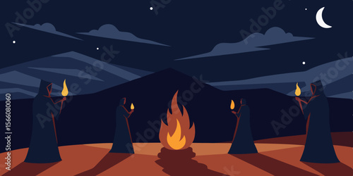 Nighttime Desert Scene With Ritual Fire Burning
