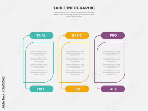 pricing table box infographic outline style with 3 point template with rounded label and leaf box container for slide presentation