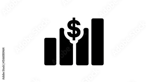 Flat black icon of a bar chart with dollar sign, financial growth symbol, transparent background