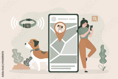 Owner controlling animal location on smartphone. Wireless tracking system, dog wearing GPS collar, location-tracking app, map markers. Pet safety solutions,