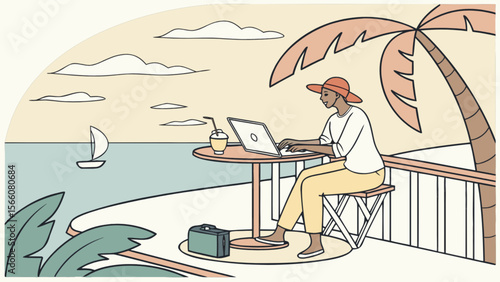 Remote work on beach vacation woman with laptop digital nomad lifestyle tropical location working online freelance job