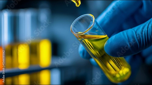 Person's hand in blue gloves holding and flowing yellow liquid from one test tube to another, set against the backdrop of advanced scientific equipment.