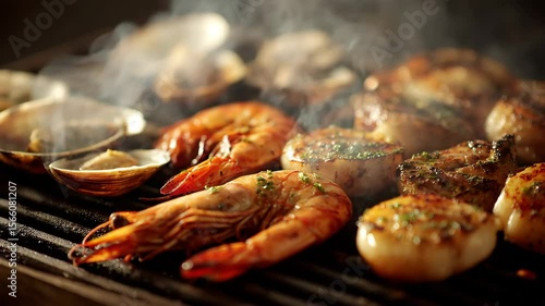 Close up of grilled seafood on a dark wooden grill. Shrimp, scallops, and clams steam gently, lit with warm, dramatic lighting.  Appetizing food photography.