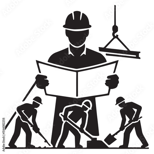 Construction Site Silhouette Illustration – Engineer, Workers, Blueprint & Crane Vector for Industrial Design