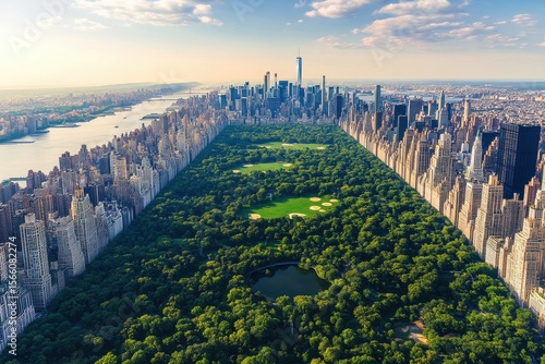 Spectacular aerial view of New York City showcasing skyscrapers and Central Park, New York City Aerial view and tall skyscrapers by Central Park Midtown Manhattan skyline
