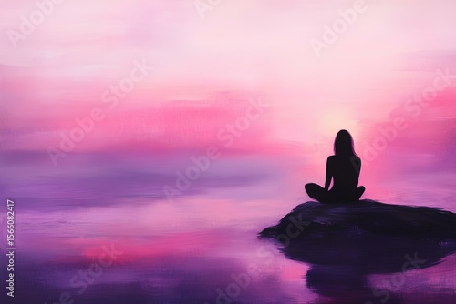 Meditative silhouette at pink-purple abstract sunset