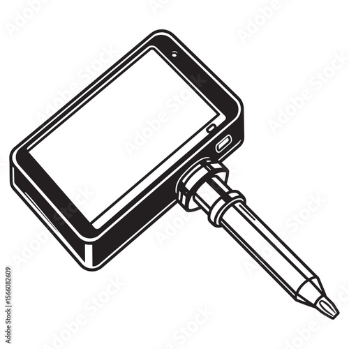 Black and white isometric stylus pen and touchscreen tablet isolated on white background