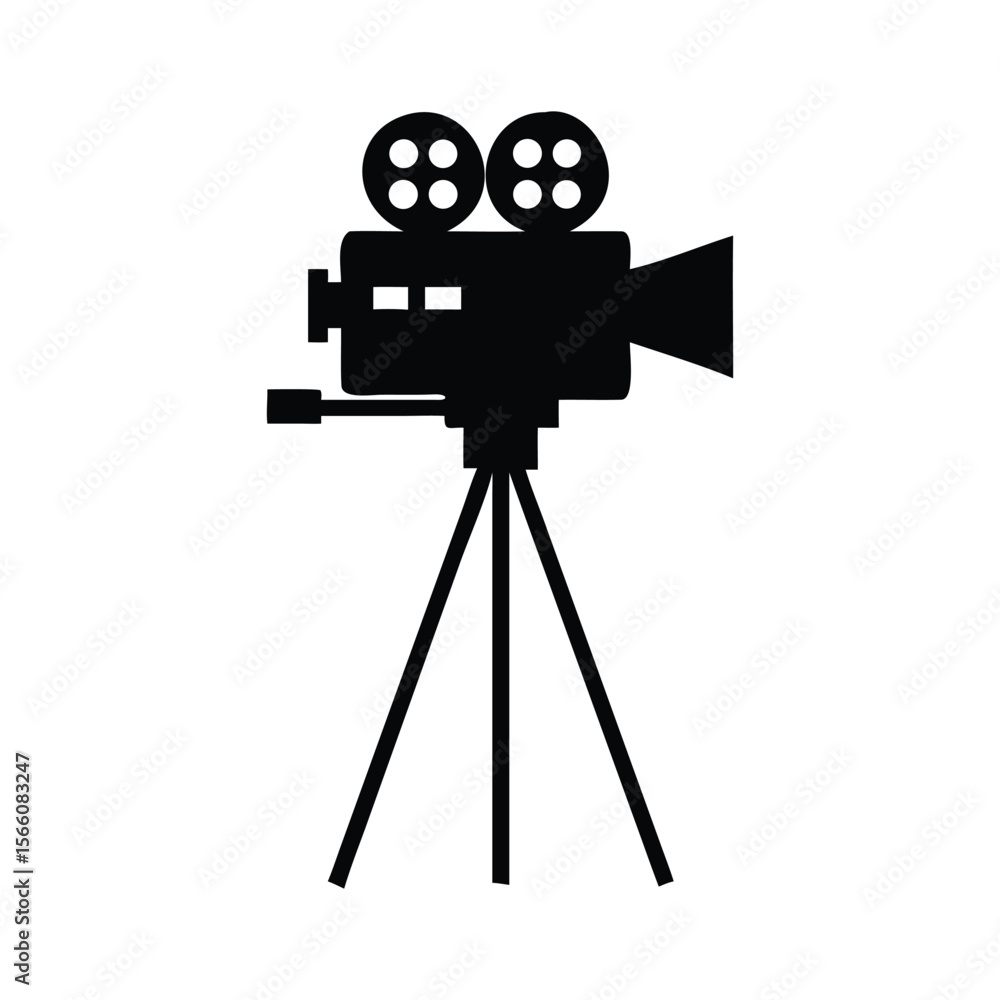 Obraz premium A retro black movie camera with a tripod, isolated for professional cinema and video photography movie camera icon silhouette vector illustration on white background of a minimalist flat design