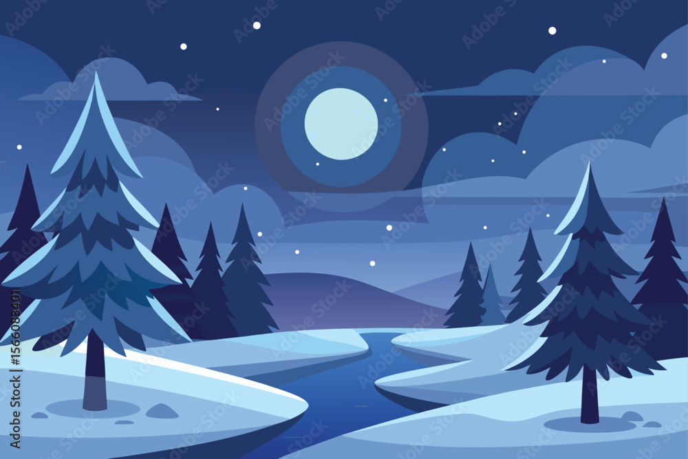 Fototapeta premium Moonlit Winter Night Vector