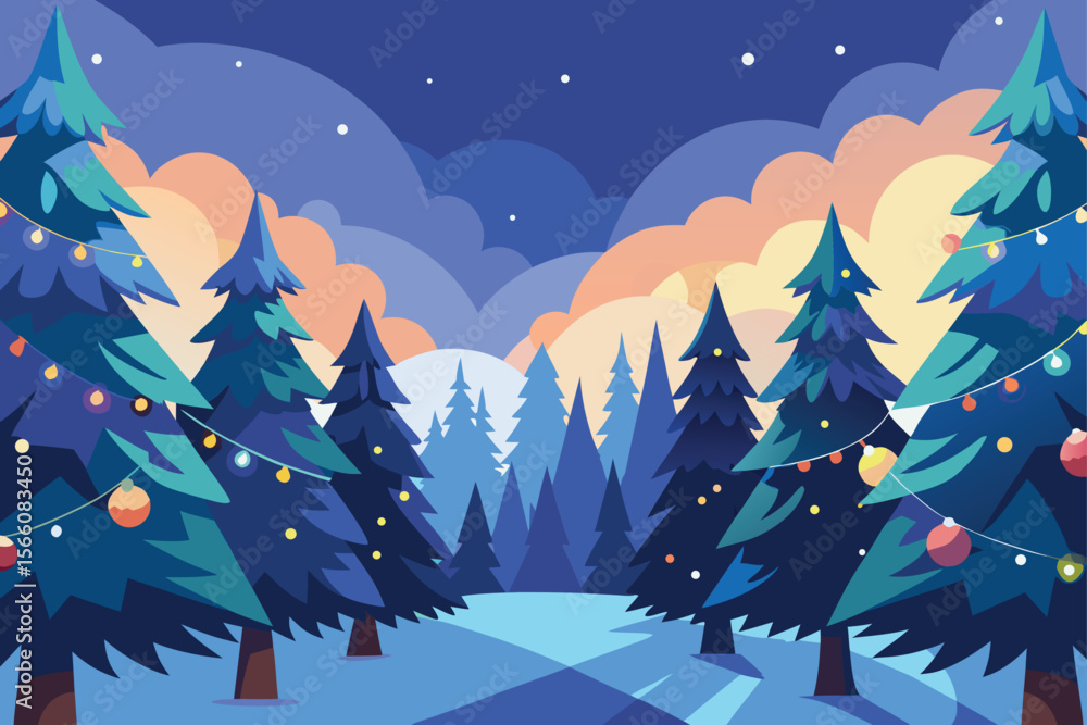 Naklejka premium Snowy Forest Sunset Vector