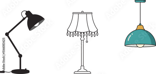Illustration of desk lamp floor lamp and pendant light fixture for home lighting solutions ideas